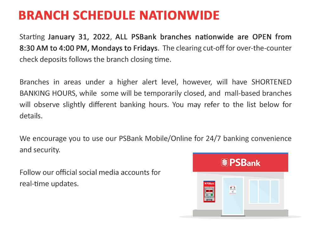 PSBank Branch Banking Schedule for Feb. 3 - 15 2022